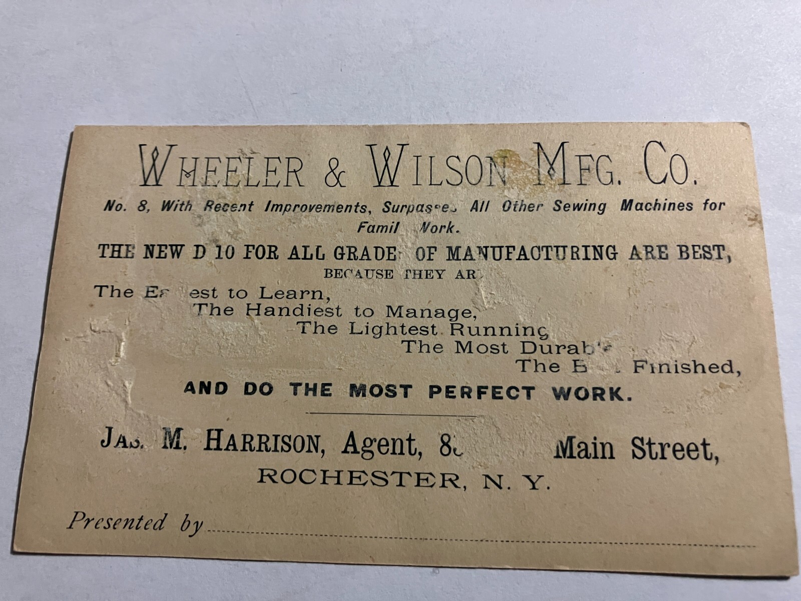 Vintage Wheeler & Wilson Mfg. Co. Trade Card - Sewing Needles  - Rochester NY