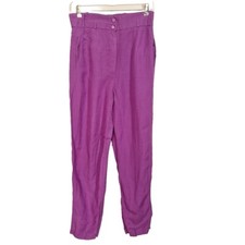 Vtg 80s 90s Bright Purple Linen High Waist Pants Flowy Women M Paper Bag Retro
