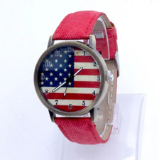 American Flag Watch w/ Red Wrist Strap - Faux Leather, Patriot USA Quartz