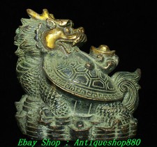 3.1" Old Chinese Dynasty Bronze Gilt Yuanbao Coin Dragon Tortoise Turtle Statue