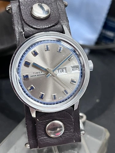 Vintage 1972 Timex Silver and Blue Dial Marlin Hand Wind Watch - Refurbished