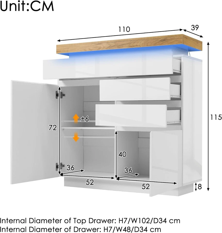 High Gloss White Sideboard with 2 Doors, 3 Drawers & RGB LED App Control - Image 2 of 4