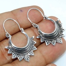 925 Silver Plated Crescent Moon Sunburst Hoop Earrings 1.5" Graceful Jewelry GW