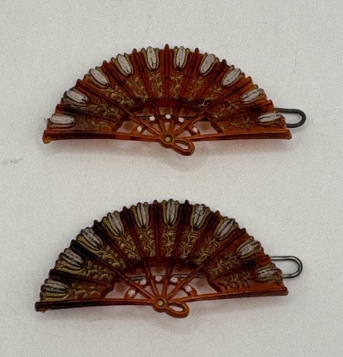 Pair Vintage Red Fan Barrettes White Tulips & Gold Highlights 1950s Hair Jewelry