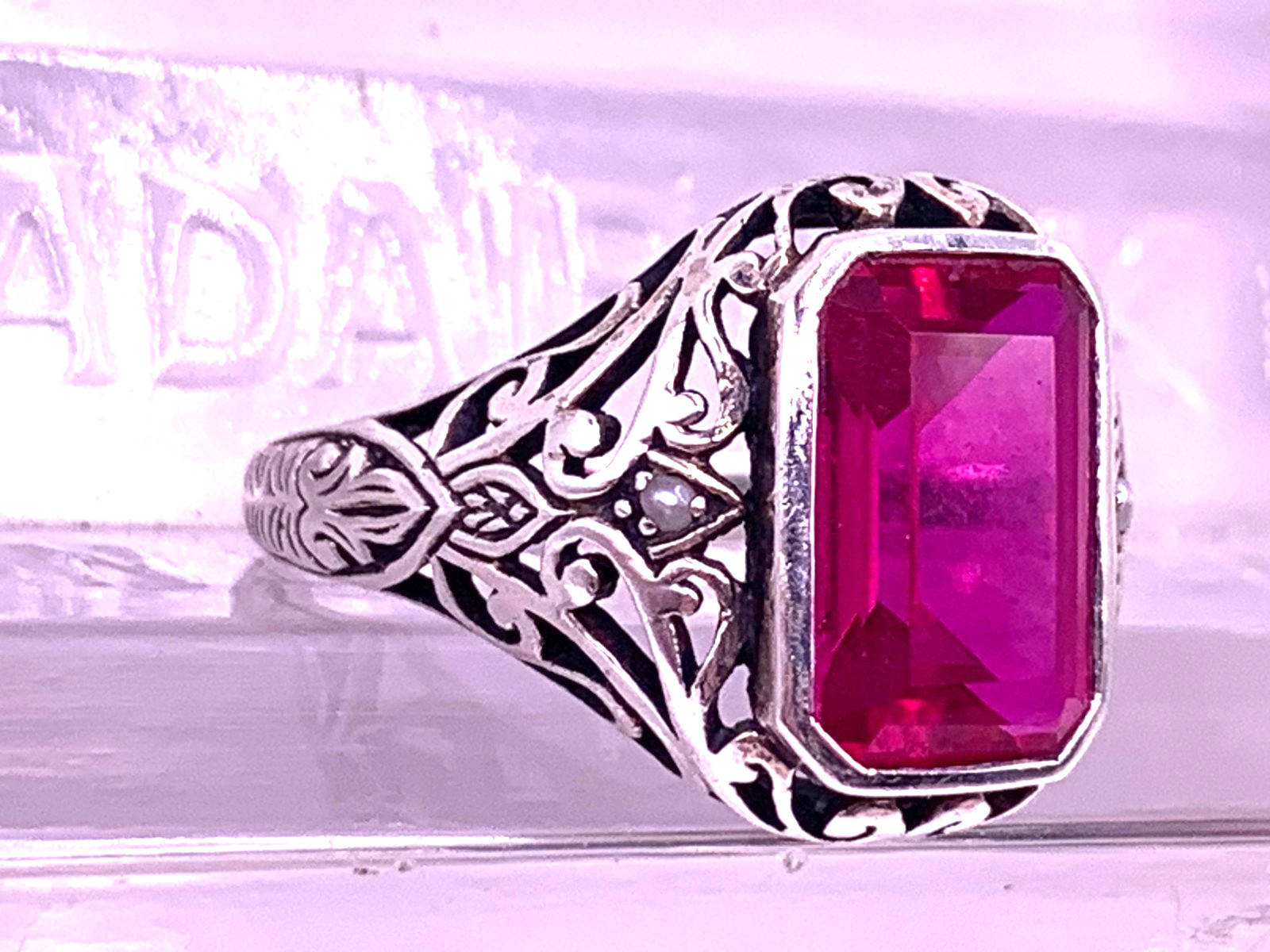 Vintage Sterling Silver large Ruby ring with seed… - image 2