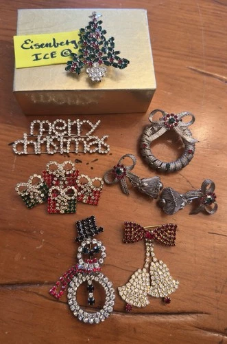 Vintage Christmas Pin Brooch Rhinestone Costume Jewelry Lot & Eisenberg Ice Tree