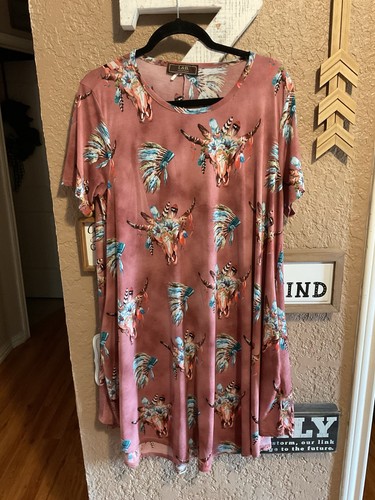 L&B Lucky & Blessed Mauve Western Dress Indian Headdress Cow Skull Women’s Large