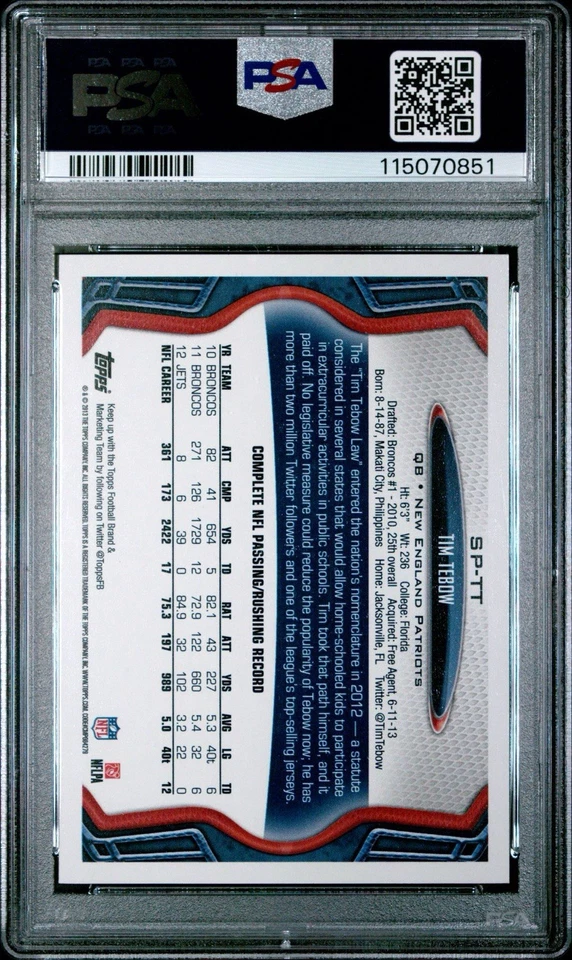 2013 Topps SP Tim Tebow w/  Tom Brady PSA 10 SSSP Insert Tebow PSA 10 Gem Mint - Image 2 of 2