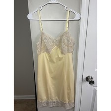 Vintage Pale Yellow Lace Trim Slip Dress Camisole Mini Lingerie