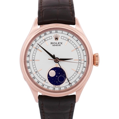 Rolex Cellini Moonphase WHITE 18K Rose Gold LEATHER Automatic ...