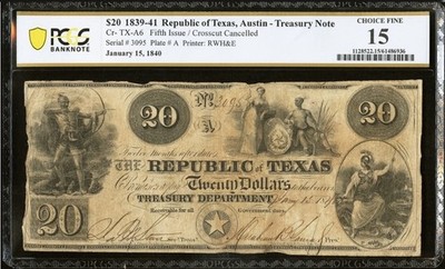 Republic of Texas 1840 Austin TX $20 Government 1839-1841 Banknote Currency PCGS