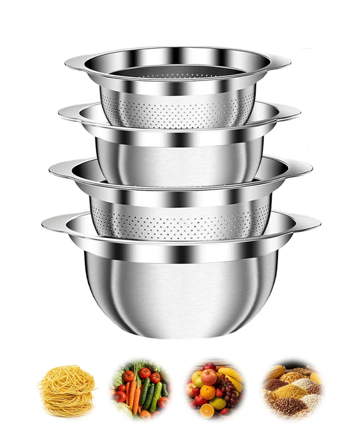 4 PCS Stainless Steel Colander and Mixing Bowl Set, 3QT & 5QT Strainer Bowls ...