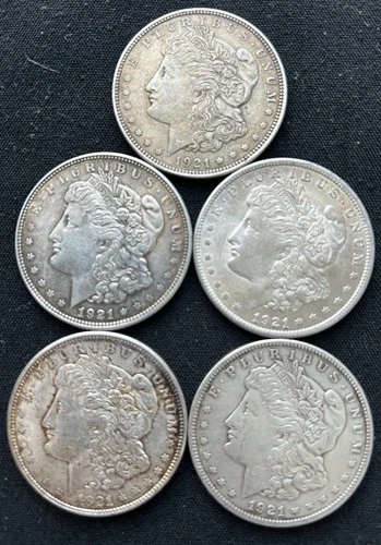 1921 MORGAN SILVER DOLLARS (LOT of 5) CIRCULATED, LAST YEAR ISSUE, ESTATE FINE!
