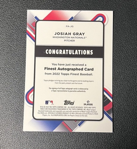 2022 Topps Finest - I migliori autografi #FA-JG Josiah Gray (AU, RC) - Foto 2 di 2