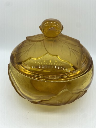 Vintage Viking Amber Frosted Satin Glass Cabbage Leaf Candy Compote w Lid Dish - Picture 11 of 13