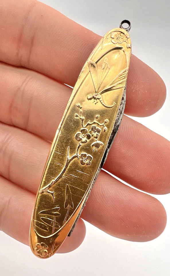 Victorian 14k Gold Aesthetic Dragonfly Cherry Blossom Blade Scissor Pocket Knife - Image 3 of 4