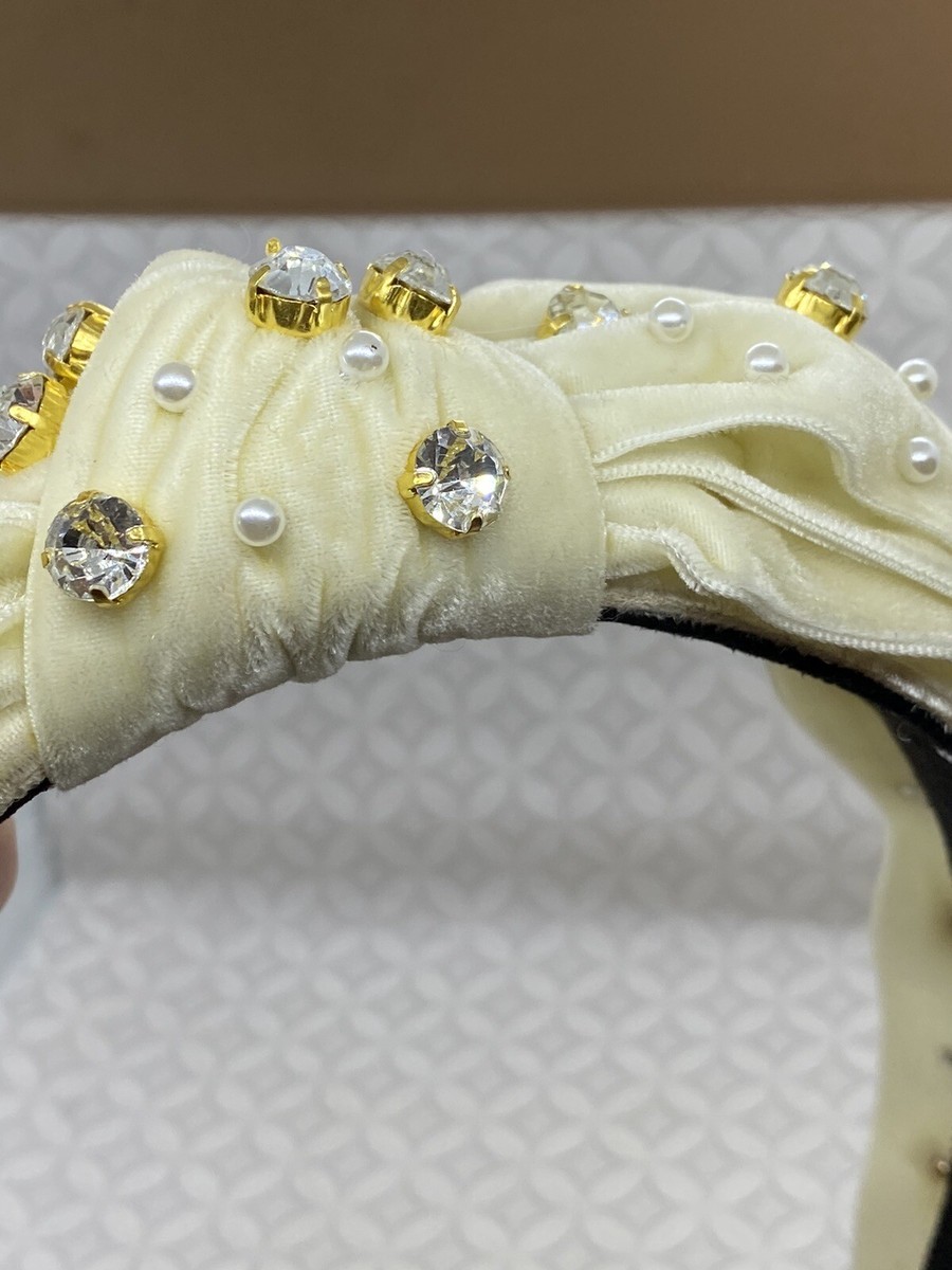 Lele Sadoughi Velvet Bow Headband Crystals Faux Pearls Cream  display picture 2