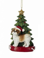 Kurt Adler Tan SHIH TZU w/Tree on Base Christmas Ornament-Personalizable