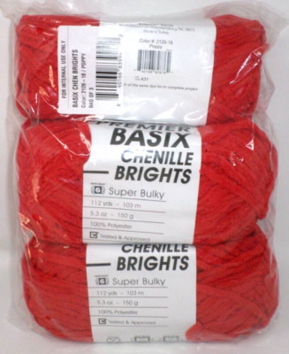Premier Yarns Basix Chenille Brights Super Bulky Poppy Red Package of 3 Skeins