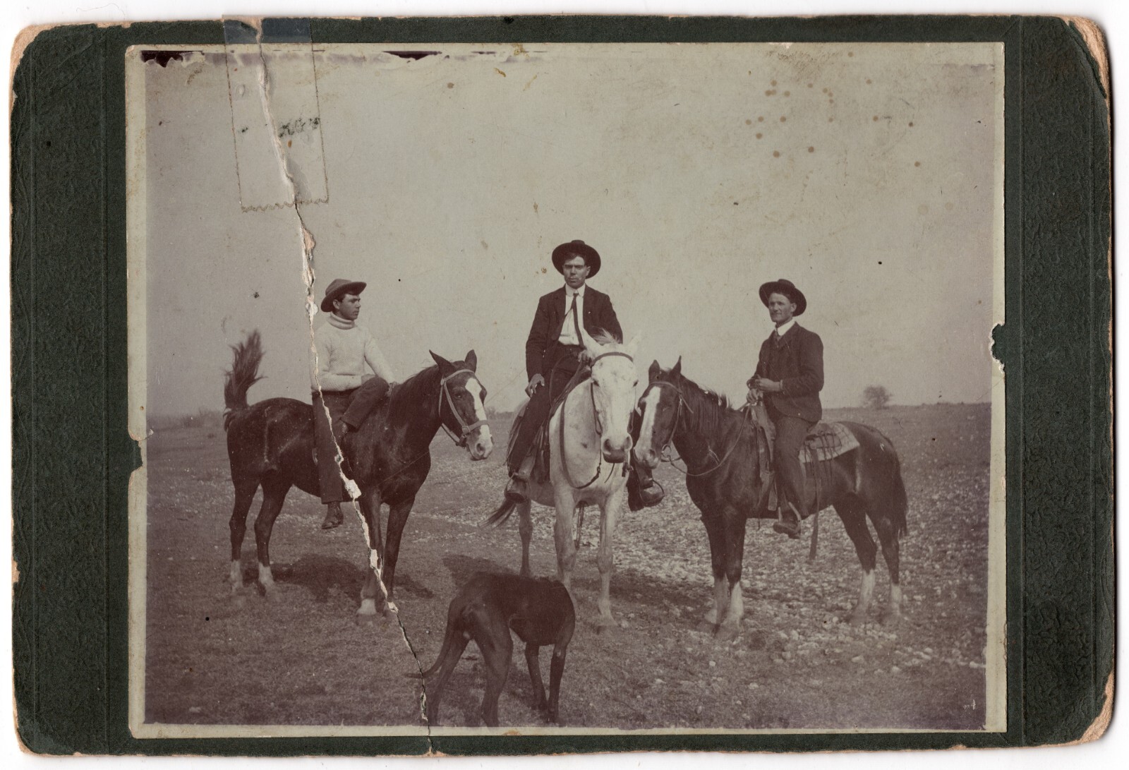 CIRCA 1890s CABINET CARD THREE MEN RIDING ON HORSEBACK WITH DOG OLD WEST