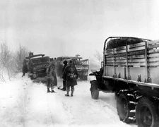 US Army Vehicles on road in Belgium Battle of the Bulge 8x10 II WW2 Photo 594