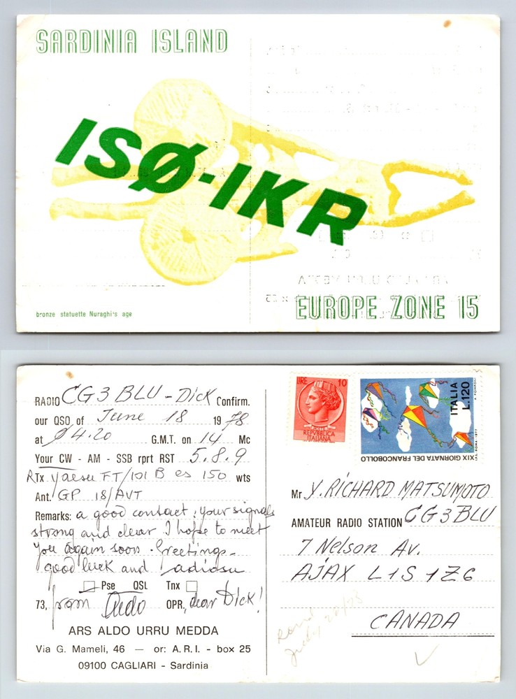 Ham Radio QSL QSO Postcard ISØ-IKR, Cagliari, Sardinia, Italy