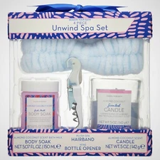 4 Piece Spa Gift Set Almond Coconut Body Soak Candle Hairband Bottle Opener