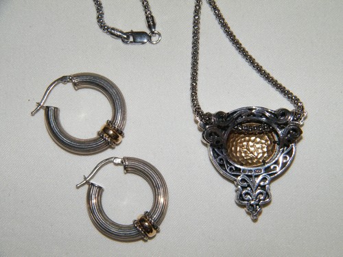 Vintage "AE 14K 925"~ARGENTO STERLING~COLLANA ORO MASSICCIO~eleganza artistica~ORECCHINI A CERCHIO - Foto 4 di 17