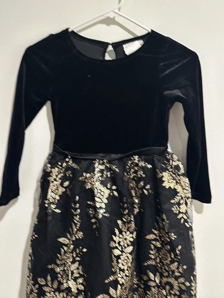 Raras Ediciones Niñas Talla 7 Terciopelo Negro Manga Larga Dorado Estampado Floral en Falda Foto 2 de 4