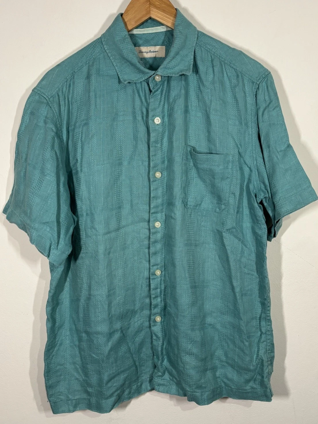 TOMMY BAHAMA Linen Shirt Green Mens Large Short Sleeve Relaxed Fit Textured
