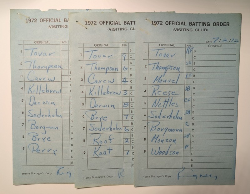 1972 Minnesota Twins game-used lineup cards (3) -- Carew, Killebrew, Kaat