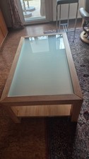 Couchtisch buche natur massiv mit Glasplatte und Ablage