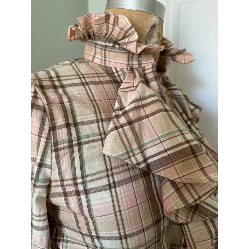 Lauren ralph lauren plaid ruffle front button down shirt peach cream S Petite  - Image 3 of 4