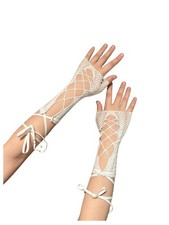 SHENHE Women's Lace Up Fishnet Arm Sleeves Fingerless Gloves One Size, White
