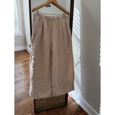 Zara Womens XL Beige 100 Linen Wide Leg Drawstring Pants High Rise Relaxed Fit
