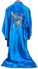 Vintage Dun Huang 100 Silk Blue Dragon Embroidered Robe S/M Kimono Tie