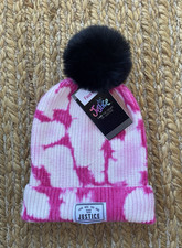 NWT Girls Justice Pink Tie Dye Beanie Cap Faux Fur Pom Pom One Size