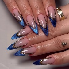 48Pcs-Long Stiletto Nails Royal Blue Sparkle French Gold Wire Inlay Alse Nails
