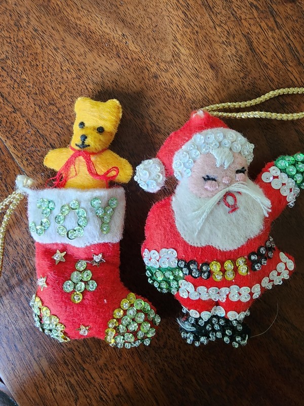 Early Bucilla Felt Jeweled Sequin Christmas Ornaments Santa and Stocking w/Bear