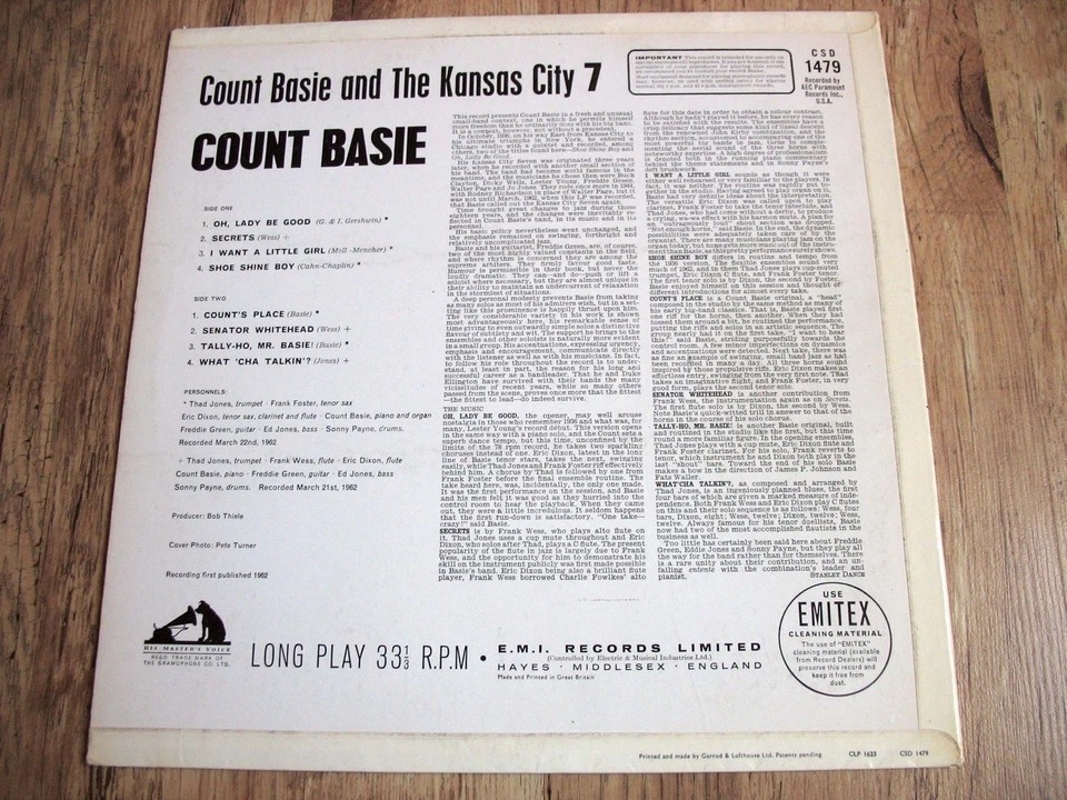 COUNT BASIE AND THE KANSAS CITY 7, ORIG 1963 UK HMV LP, RARE STEREO, JAZZ/SWING - Image 3 of 4