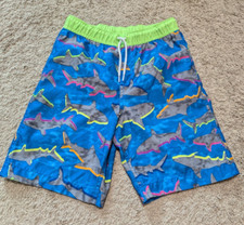 Lands End Swim Trunks Boys Sz L 10 12 Blue Shark Drawstring Beach Shorts Summer