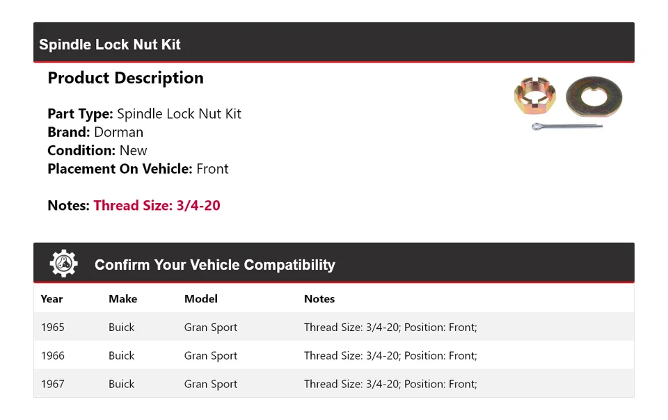 Комплект передних гаек замка шпинделя для 1965-1967 Buick Gran Sport Dorman 1966 - Изображение 2 из 4