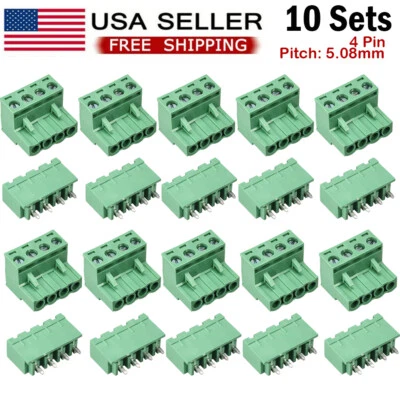 10 Sets 4 Pin 5.08mm Pitch Male Female PCB Screw Terminal Block New