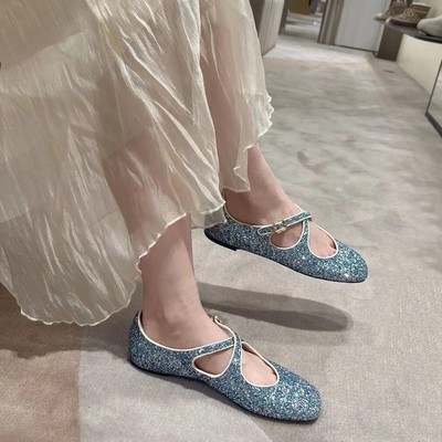 Women Girls Sequins Square Toe Flat Heel Cross Strap Mary Jane Shoes Sweet Pumps