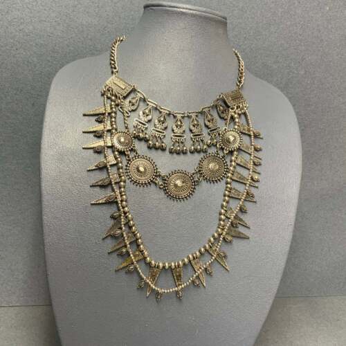 Retro BoHo Statement Necklace As Is Silver Triang… - image 1