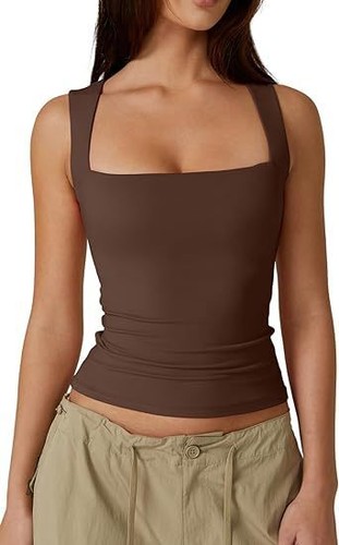 NEU Damen ärmellos Träger Tank quadratischer Ausschnitt Training Fitness Freizeit Crop Tops - Bild 5 von 21