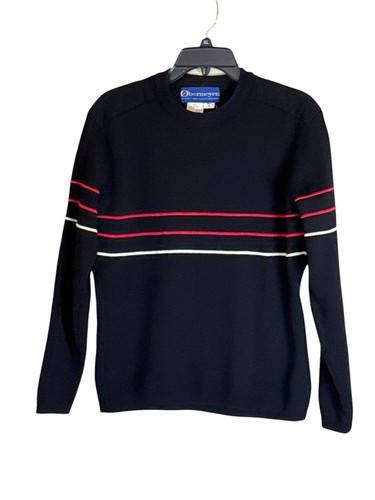 OBERMEYER Men's Black Three Stripe Crew Neck Wool Ski Sweater Vintage Sz Medium - Picture 6 of 6