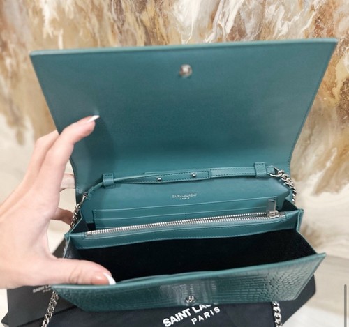 Saint Laurent Croc Embossed Green Monogram YSL Classic Chain Wallet Clutch Bag - Picture 7 of 8