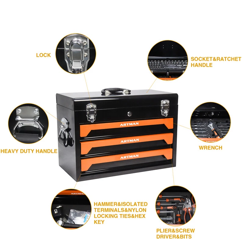 3-Drawer Tool Box with Tool Set Lockable Tool Cabinet with Handle Black & Orange - Image 4 of 4