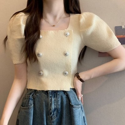 Neu Täglich Frauen Tops Frauen T -Shirt Doppelbrust Einfarbig Gestrickt